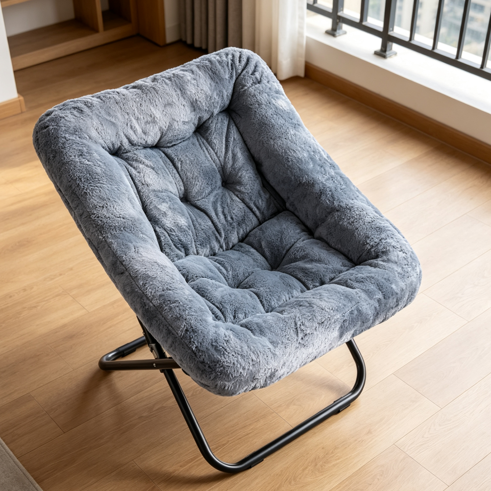 Grey Oversized Faux Fur Folding Moon Chair