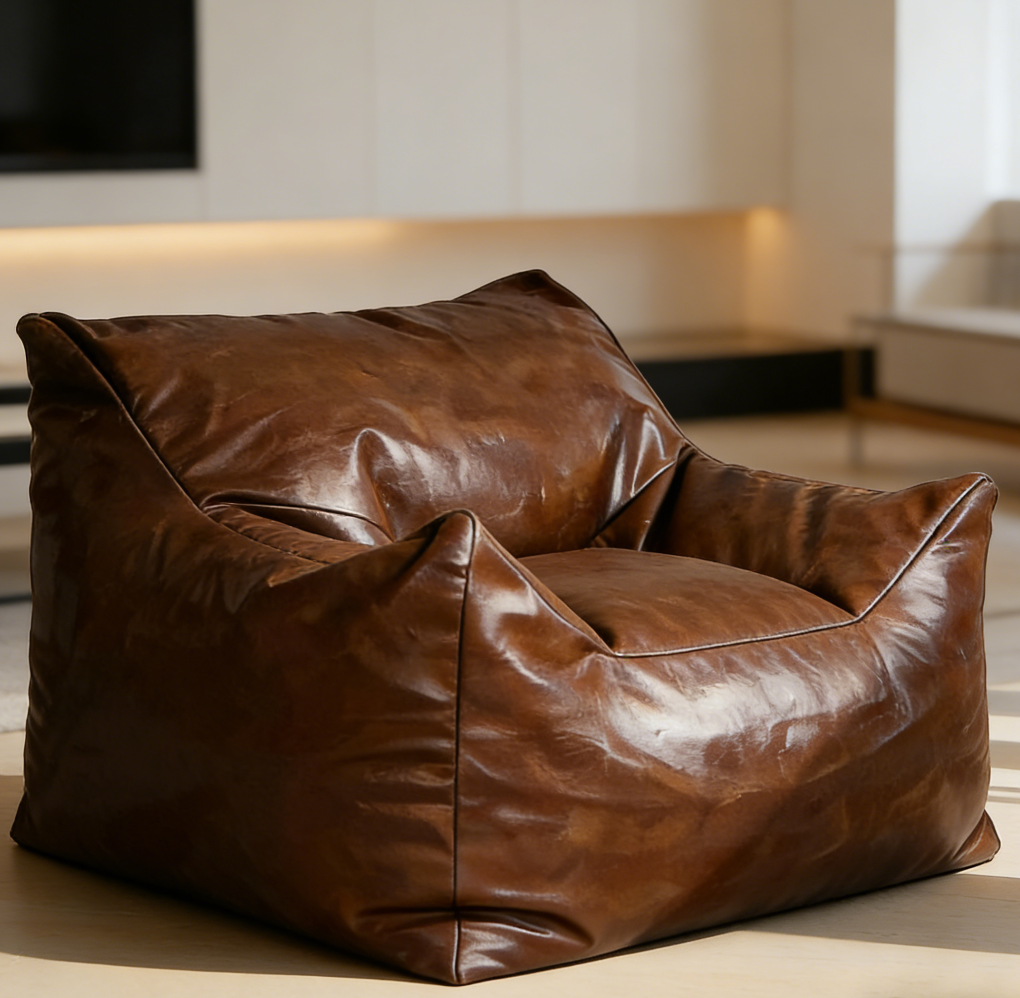 Brown Faux Leather Mini Beanbag Chair Cover Only - Image 2