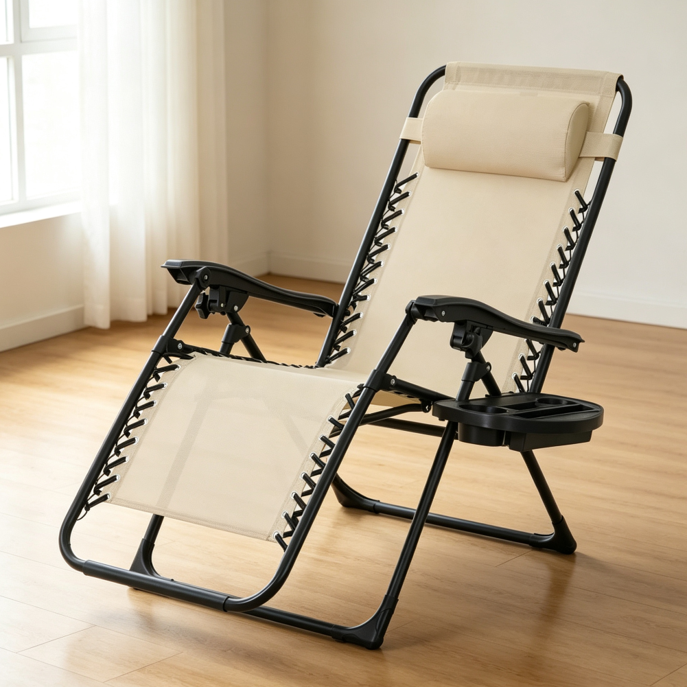 Beige Zero Gravity Reclining Lounge Chair with Side Tray