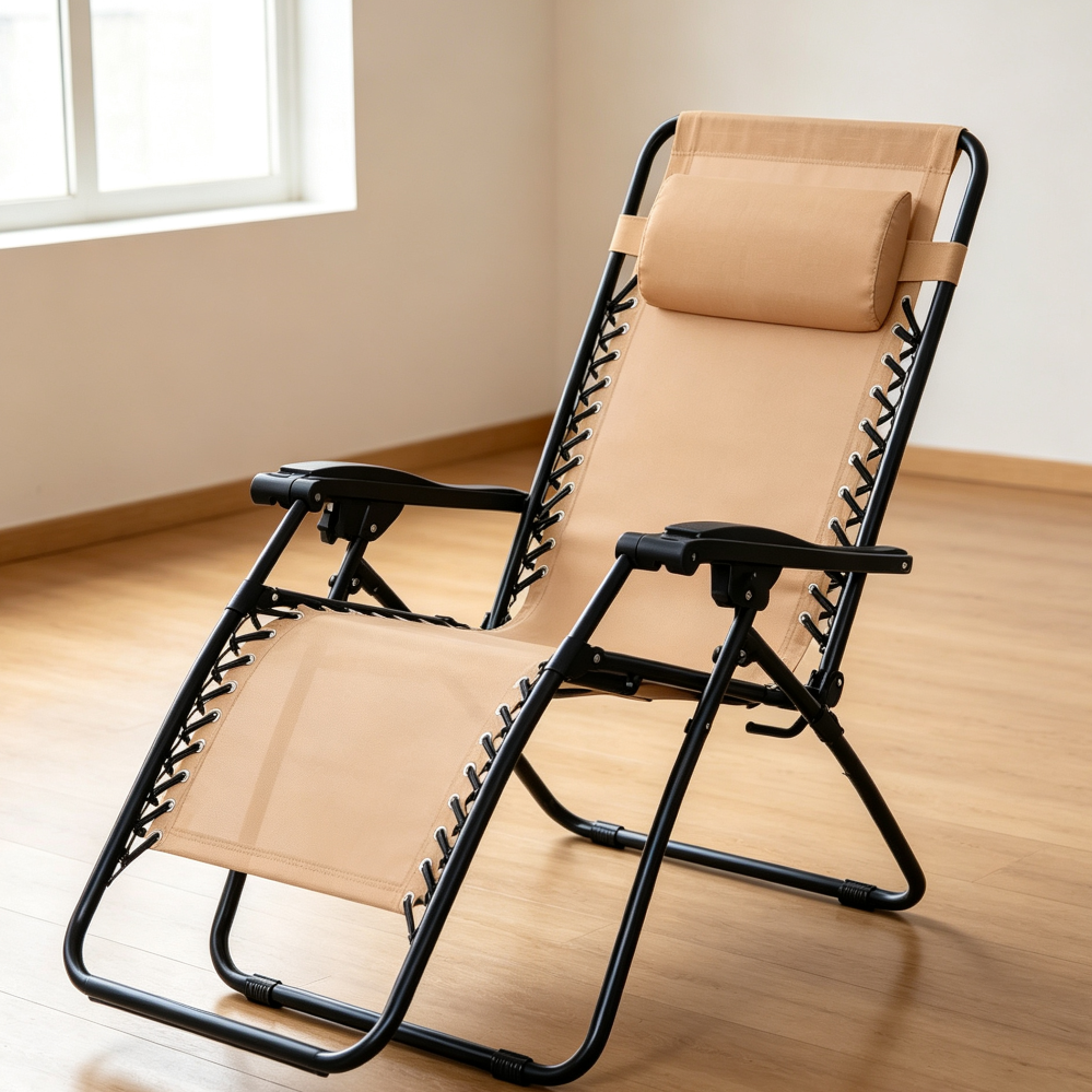 Beige Zero Gravity Lounge Chair with Pillow 300lb