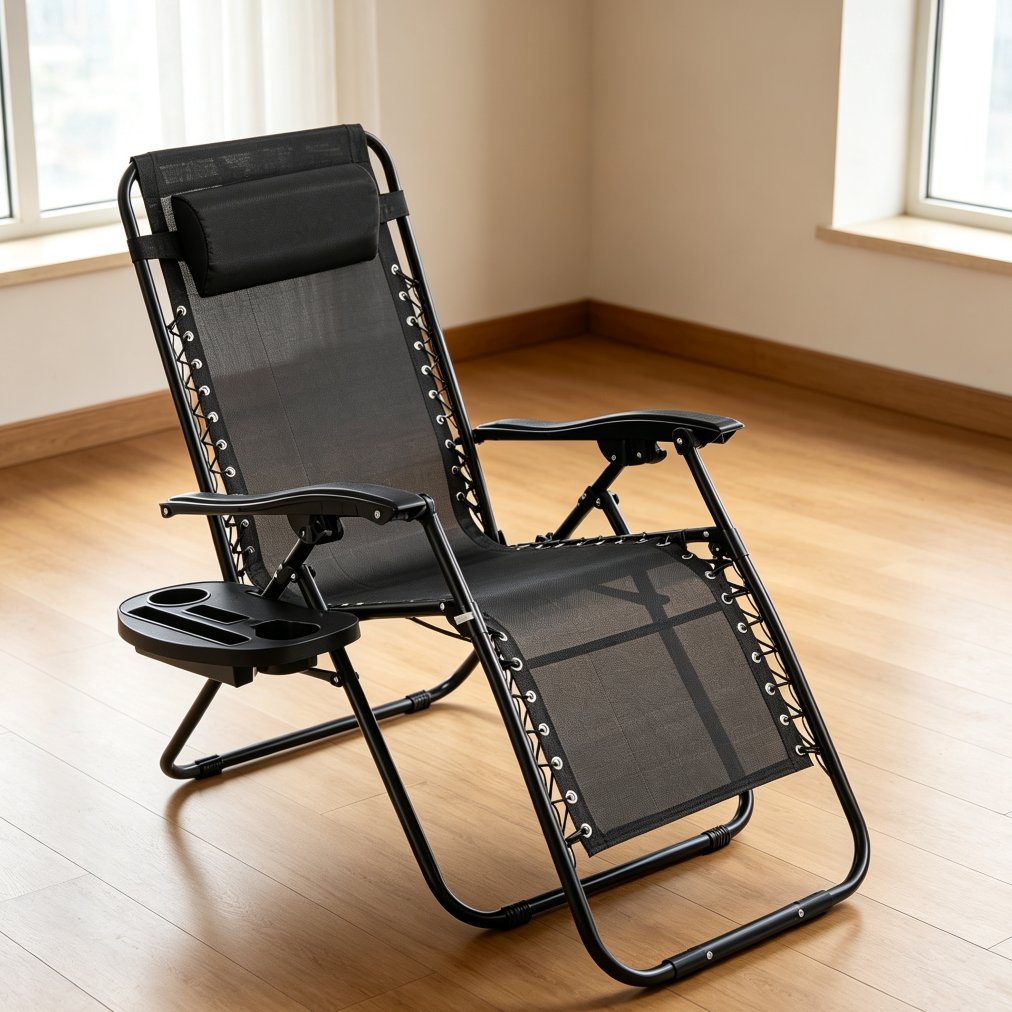 Black Zero Gravity Folding Lounge Chair with Pillow & Cup Holder